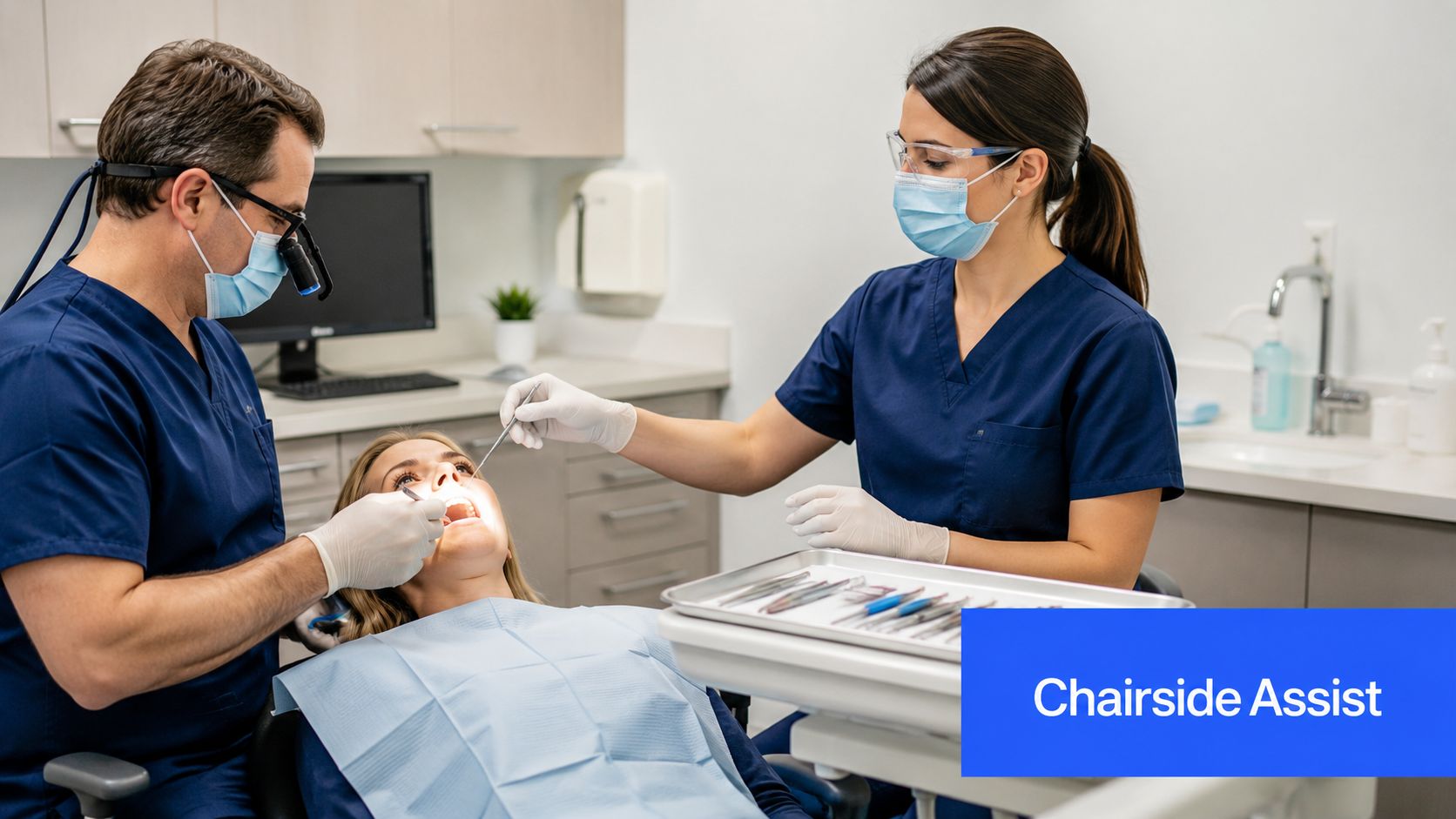 A dentist and a dental assistant providing professional dental care to a patient in a modern office.