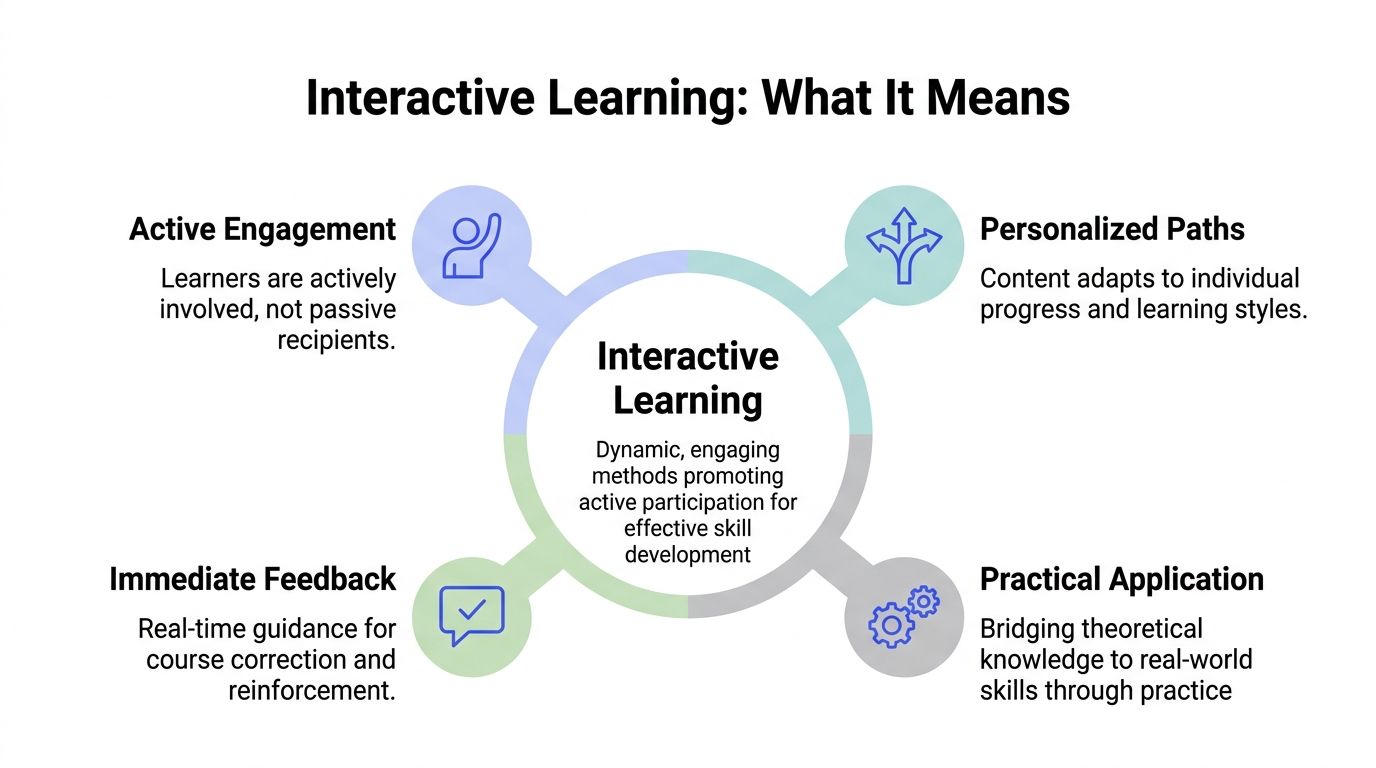 A diagram explaining the components of interactive learning: active engagement, personalized paths, immediate feedback, and practical application.