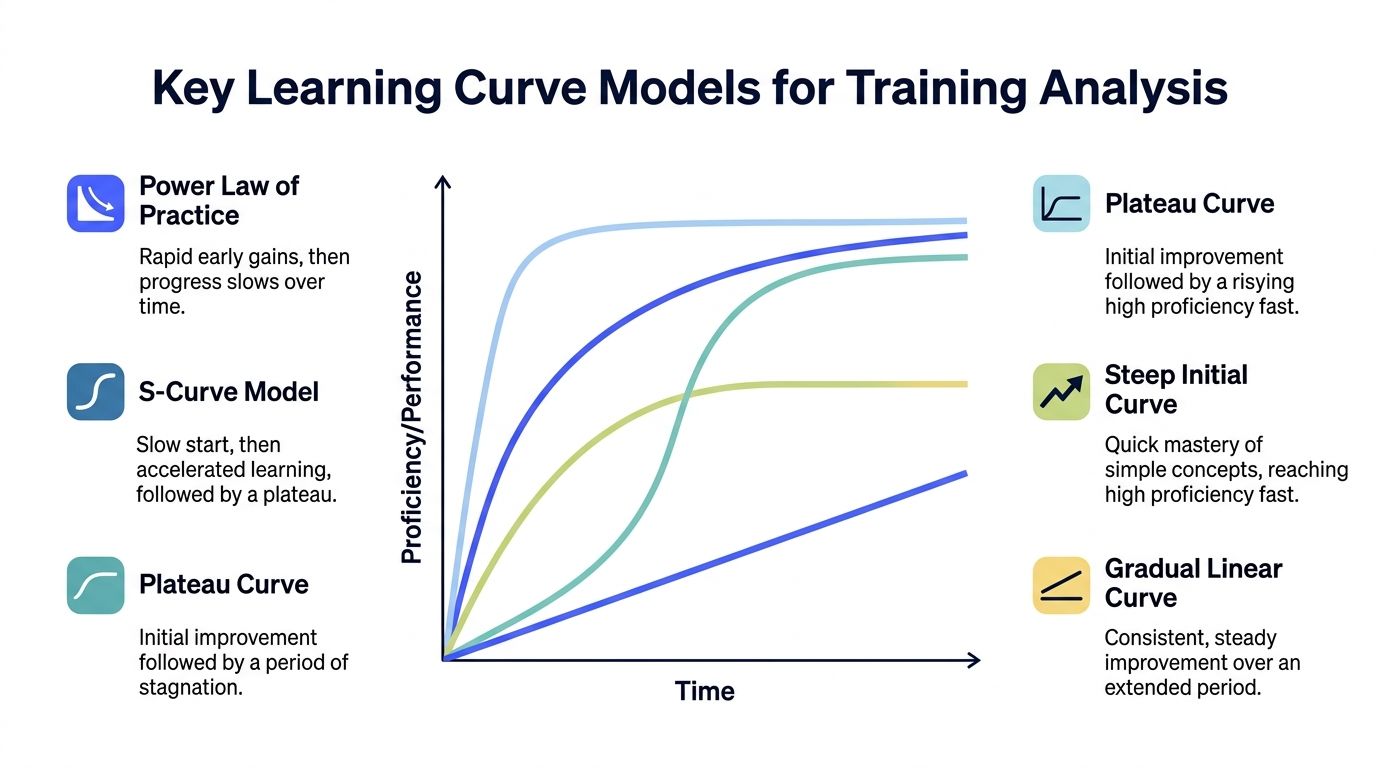 A chart illustrating six different learning curve models, mapping proficiency versus time for training analysis.