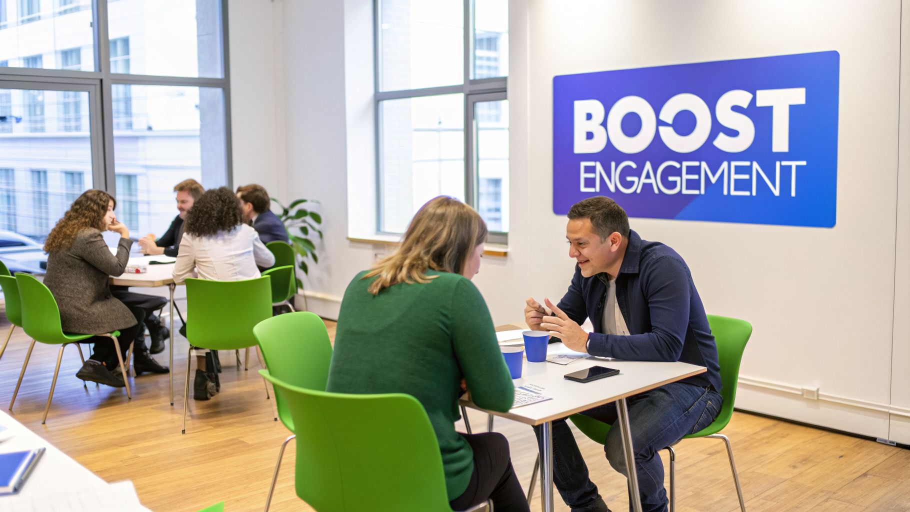 People engaged in discussions at tables in a bright, modern office with a 'Boost Engagement' sign.