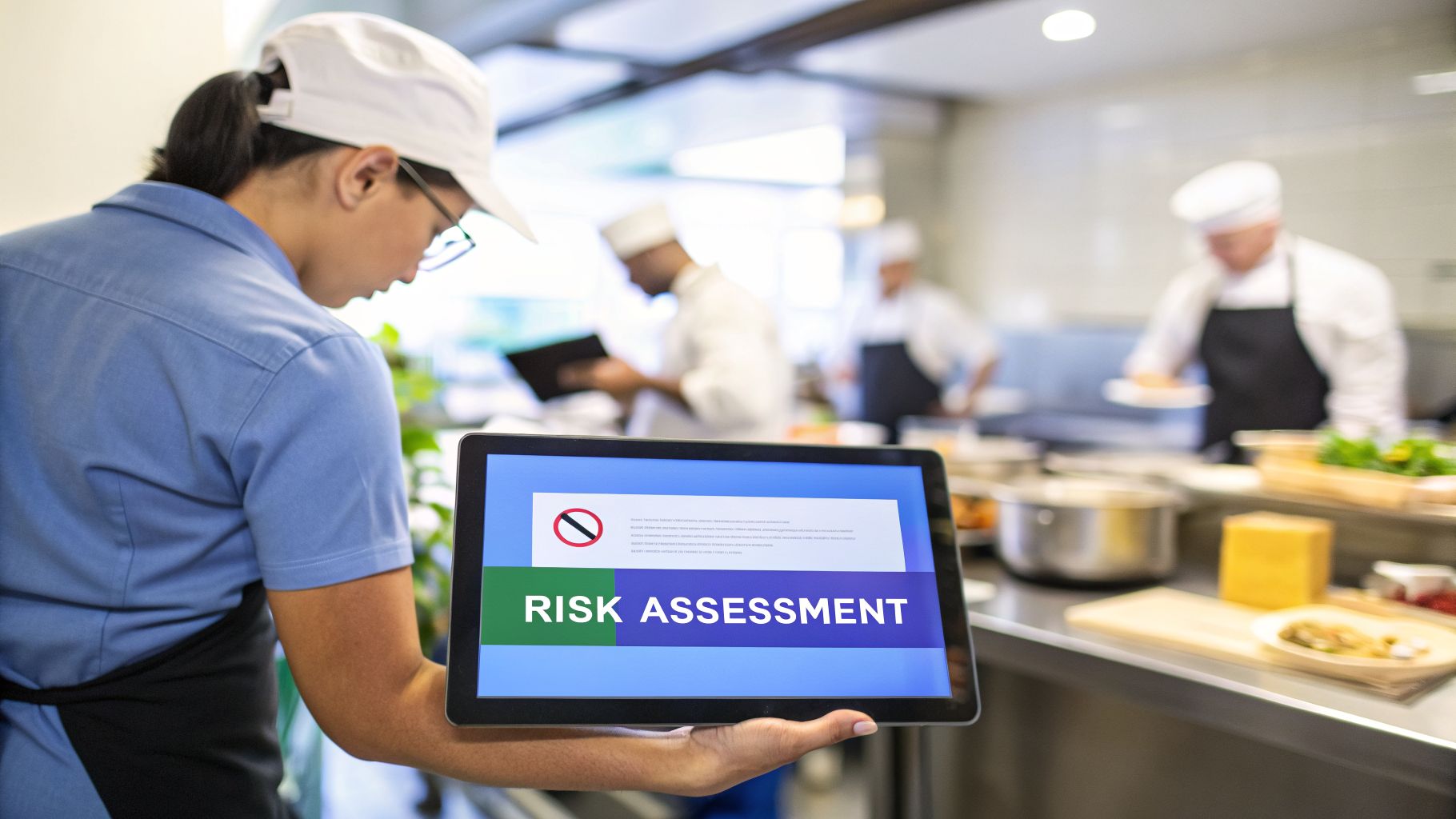 Person in a commercial kitchen holds a tablet displaying a 'Risk Assessment' screen, with blurred chefs in the background.