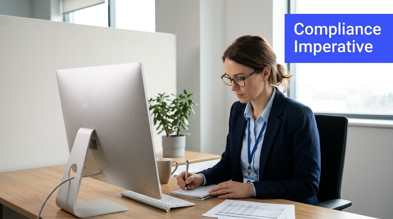A professional woman in business attire working at her desk with a computer and taking notes.