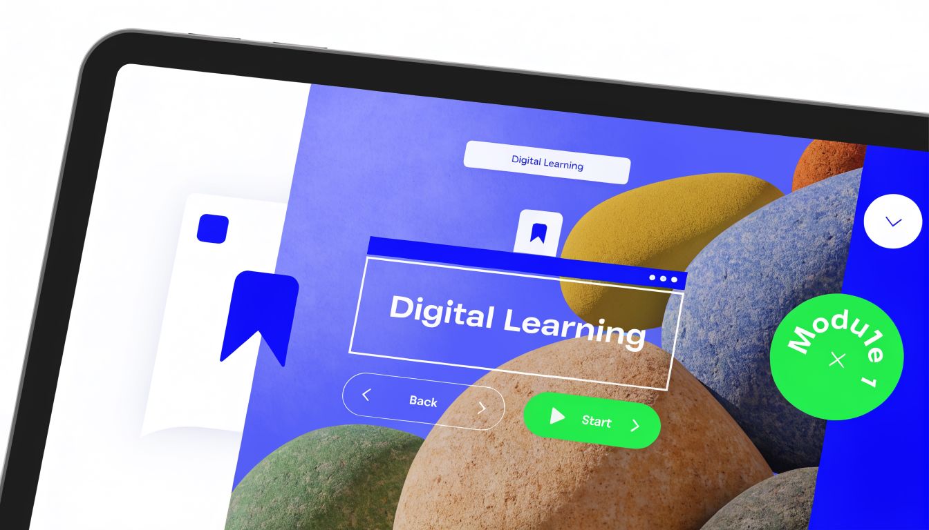 A tablet screen displaying a digital learning module interface with a Start button and colorful pebble background.