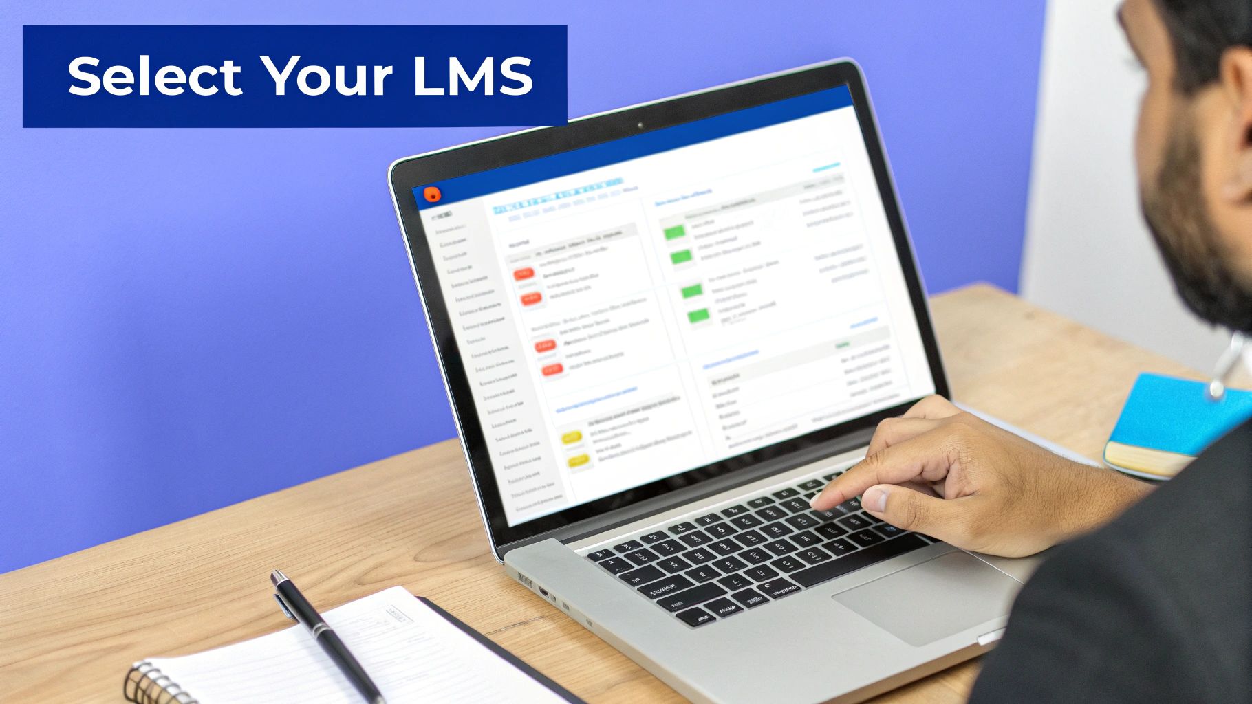Person typing on a laptop, viewing an LMS interface, with a "Select Your LMS" banner.