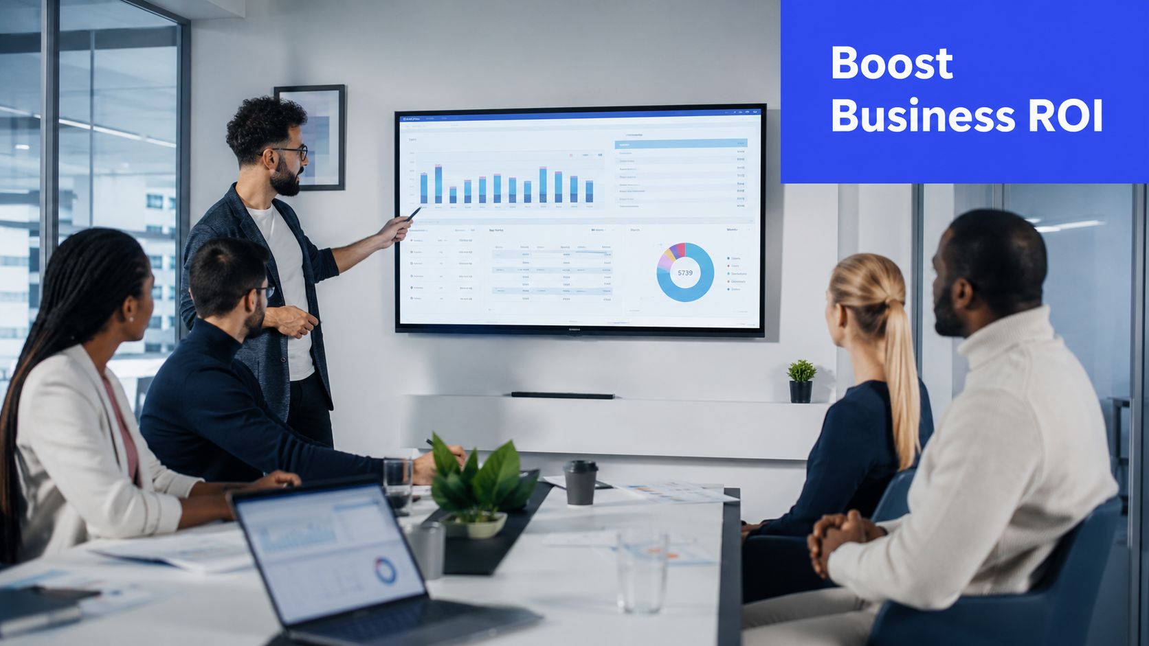 A professional team attends a presentation led by a speaker showing business charts on a screen.