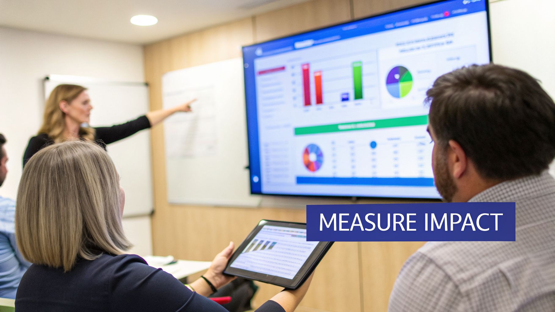 Professionals in a meeting reviewing data on a large screen and tablet, discussing charts and impact.