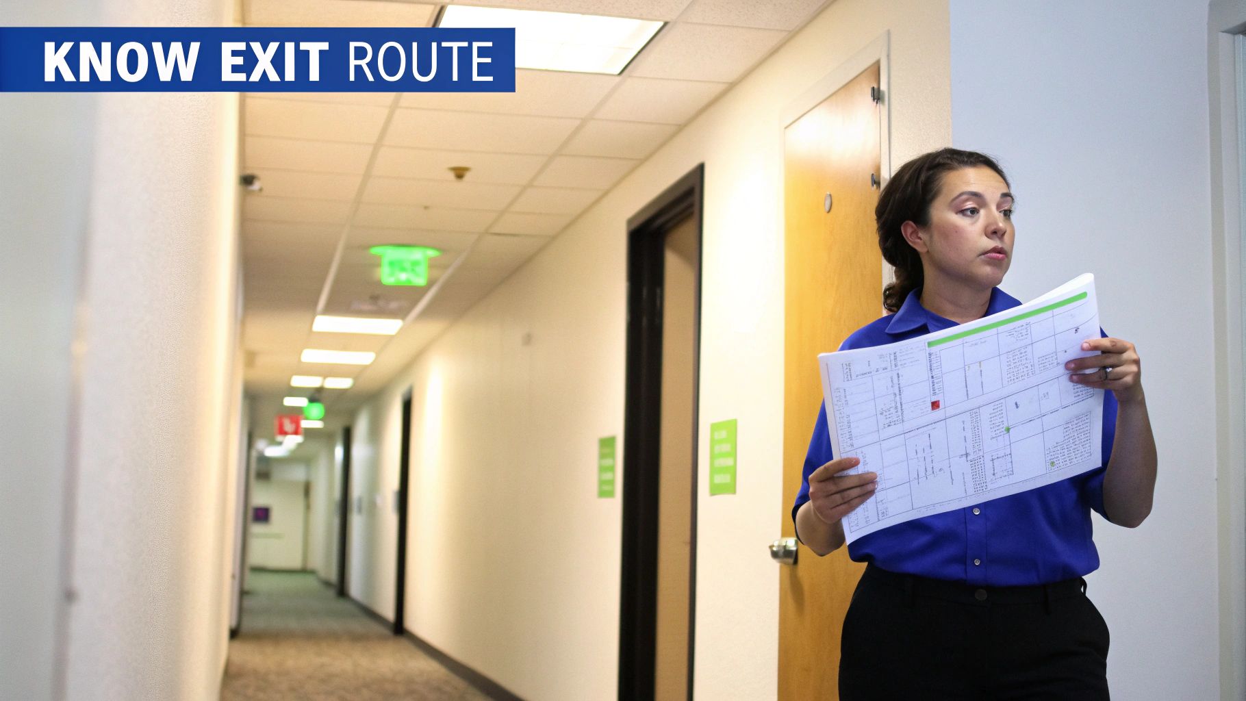 A woman in a blue shirt reviews an exit route map in a well-lit office hallway.