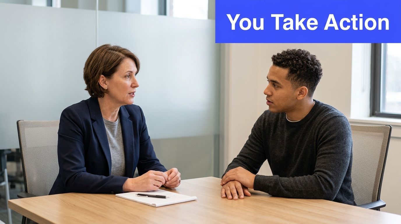 A professional woman and a young man having a productive conversation in an office meeting room.