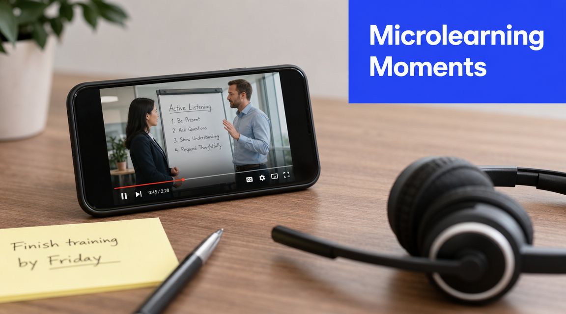 A smartphone playing a video about active listening with a headset and a sticky note on desk.