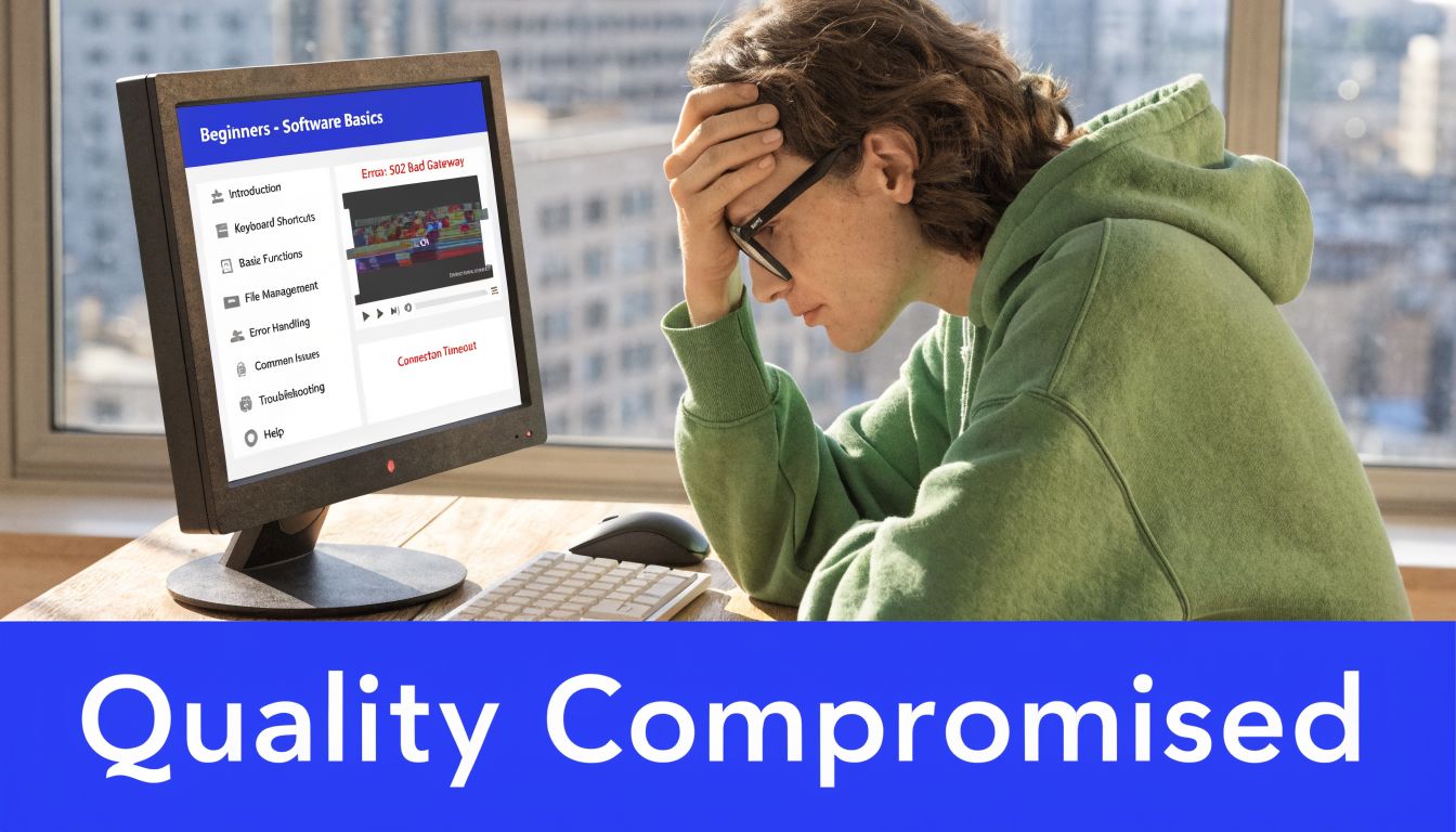 A student in a green hoodie feels frustrated by a computer error while studying software basics.