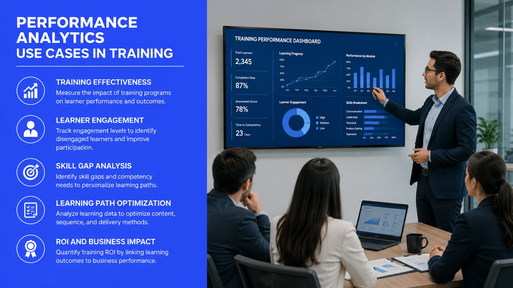 A professional business meeting where a man presents training performance analytics on a large wall screen.
