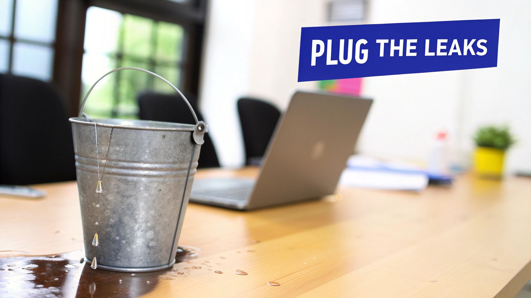 A metal bucket with water leaking onto a wooden table, alongside a blue 'PLUG THE LEAKS' sign.