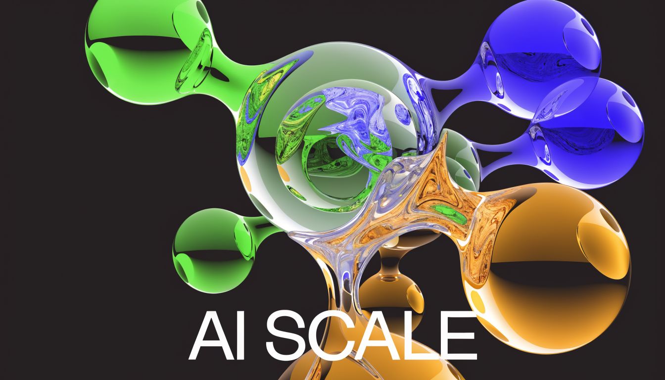 A 3D abstract digital illustration of colorful interconnected spheres with liquid textures and the text AI SCALE.