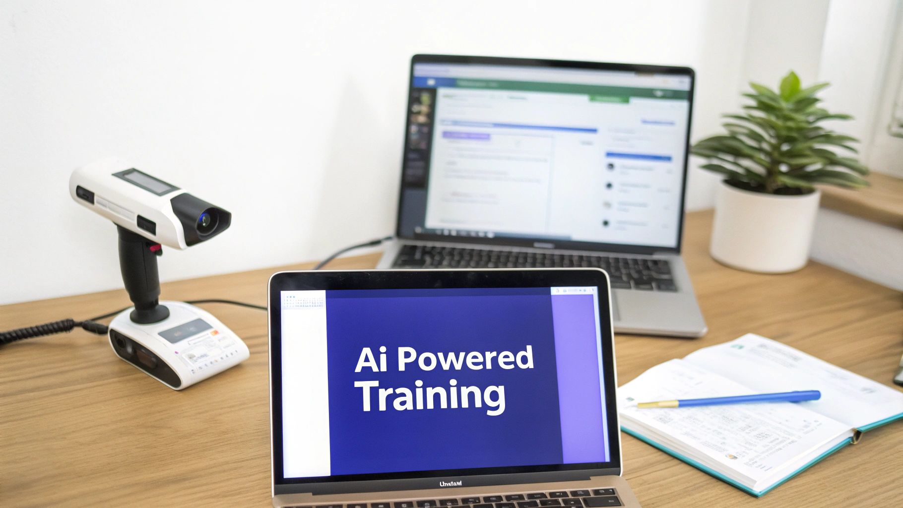 A desk setup with two laptops, one displaying 'Ai Powered Training', a scientific instrument, and a plant.