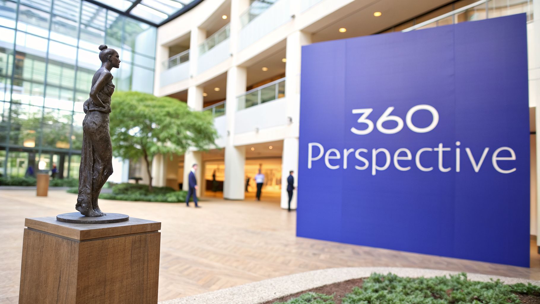 A bronze statue of a woman stands in a modern building lobby next to a "360 Perspective" sign.