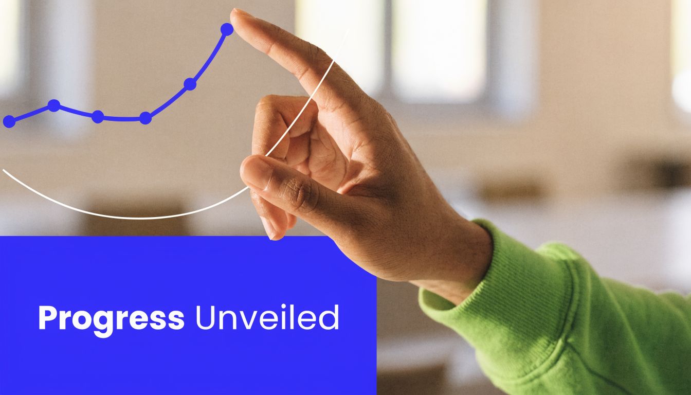 A hand points at a digital growth chart graphic with the text Progress Unveiled displayed below.