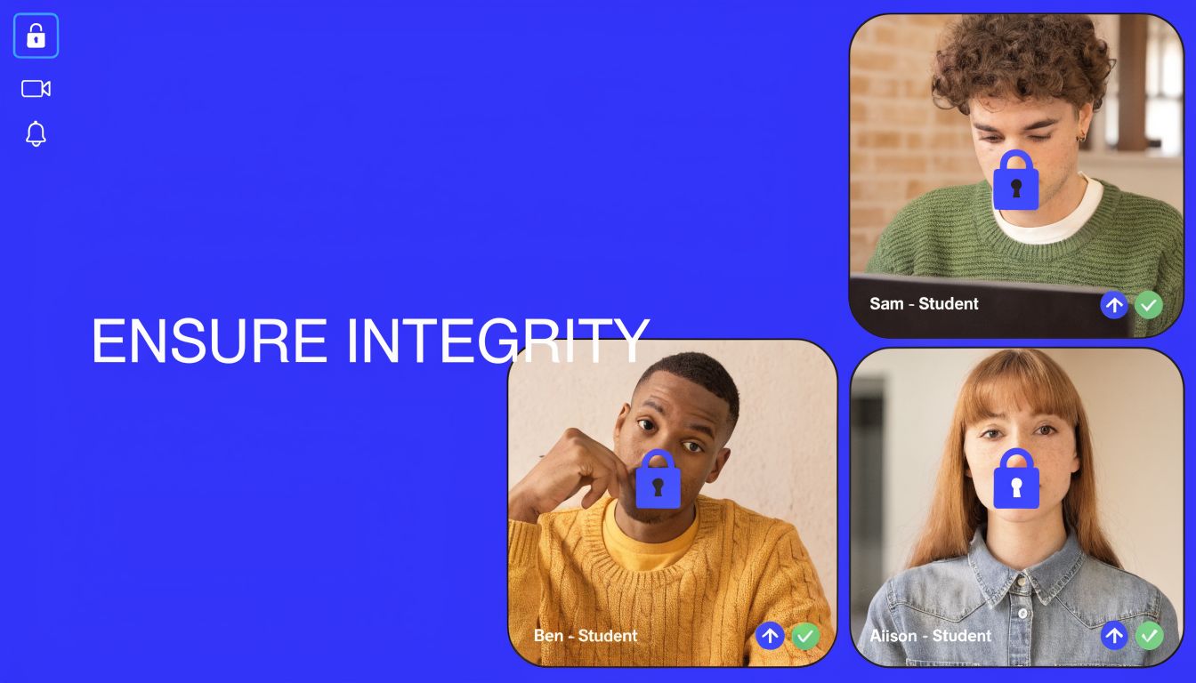 A digital interface featuring three student profiles with lock icons, emphasizing virtual learning integrity and security.