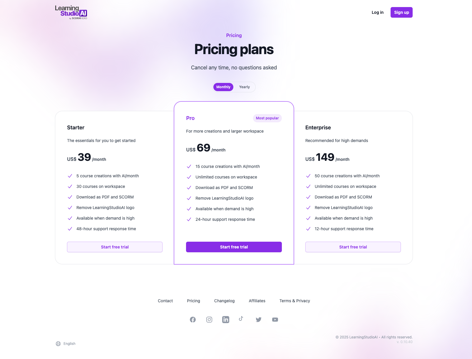LearningStudioAI Pricing Page Screen | 2025