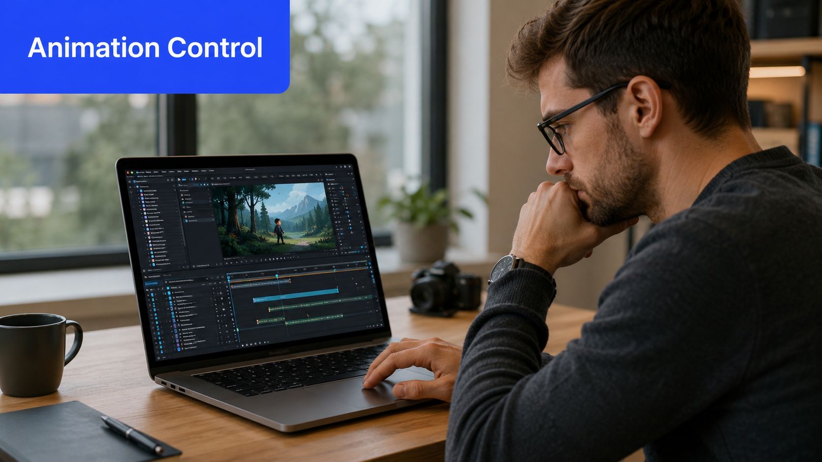 A professional editor focused on animating a project on his laptop screen in a modern workspace.