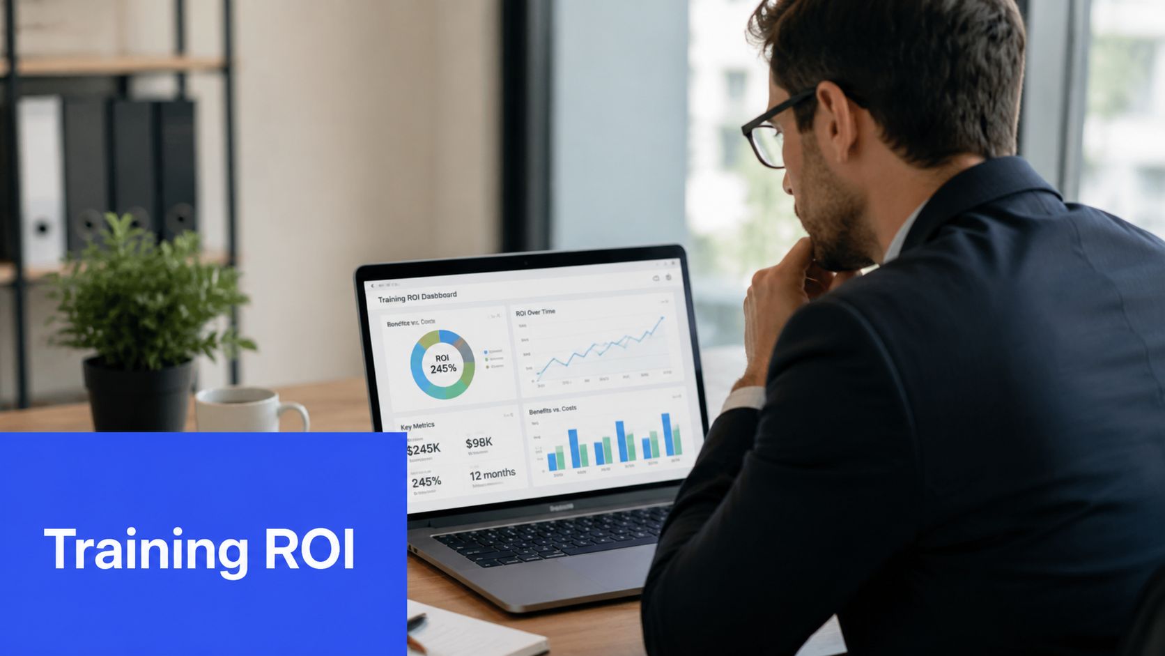 A professional man in a suit reviewing a digital training ROI dashboard on his laptop screen.
