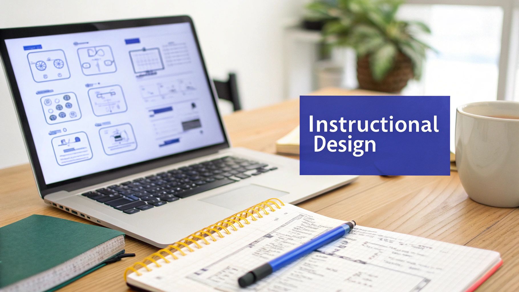 A modern workspace with a laptop displaying diagrams, a notebook, pen, and coffee cup, featuring 'Instructional Design' text.