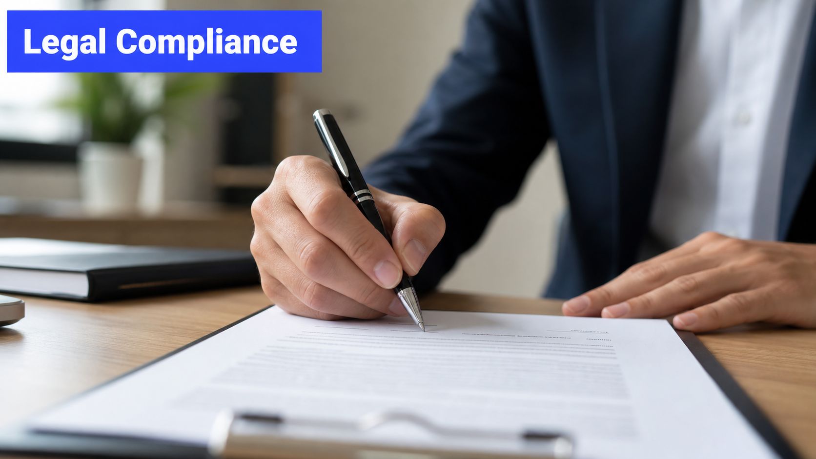 A professional in a business suit signing a legal document on a wooden office desk.