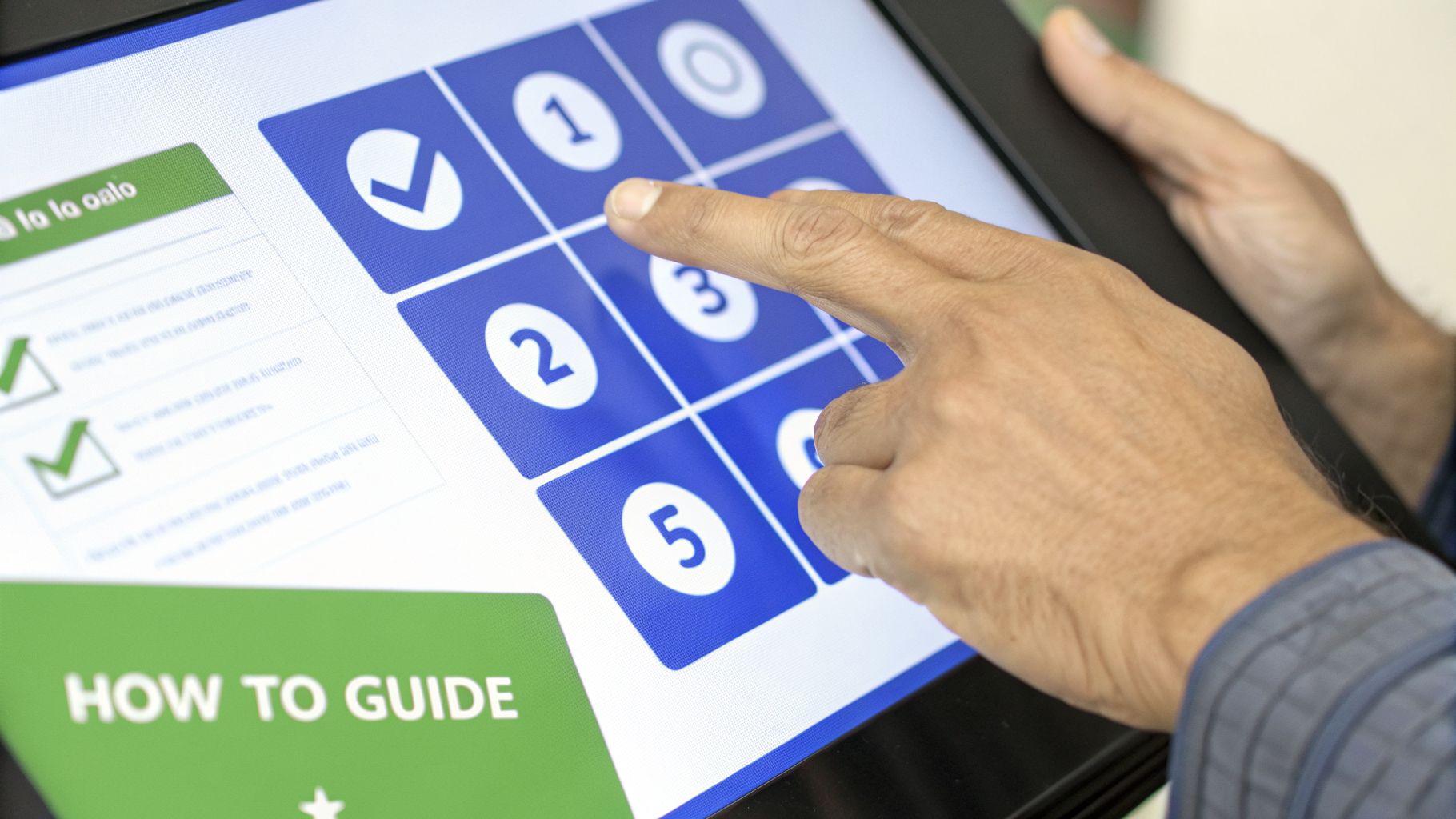 A person's hand taps a digital touchscreen displaying a grid of numbers, a checkmark, and a 'HOW TO GUIDE' section.