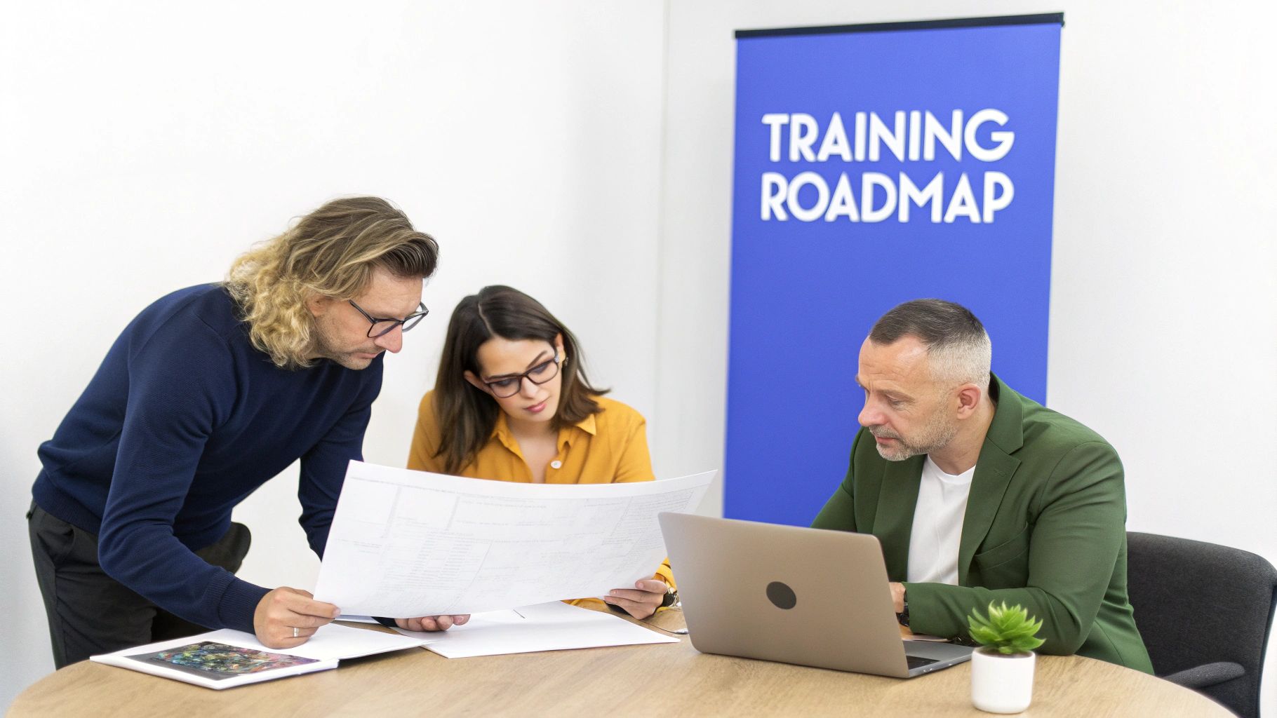 Three colleagues collaborating on a training roadmap, reviewing documents and using a laptop in an office.