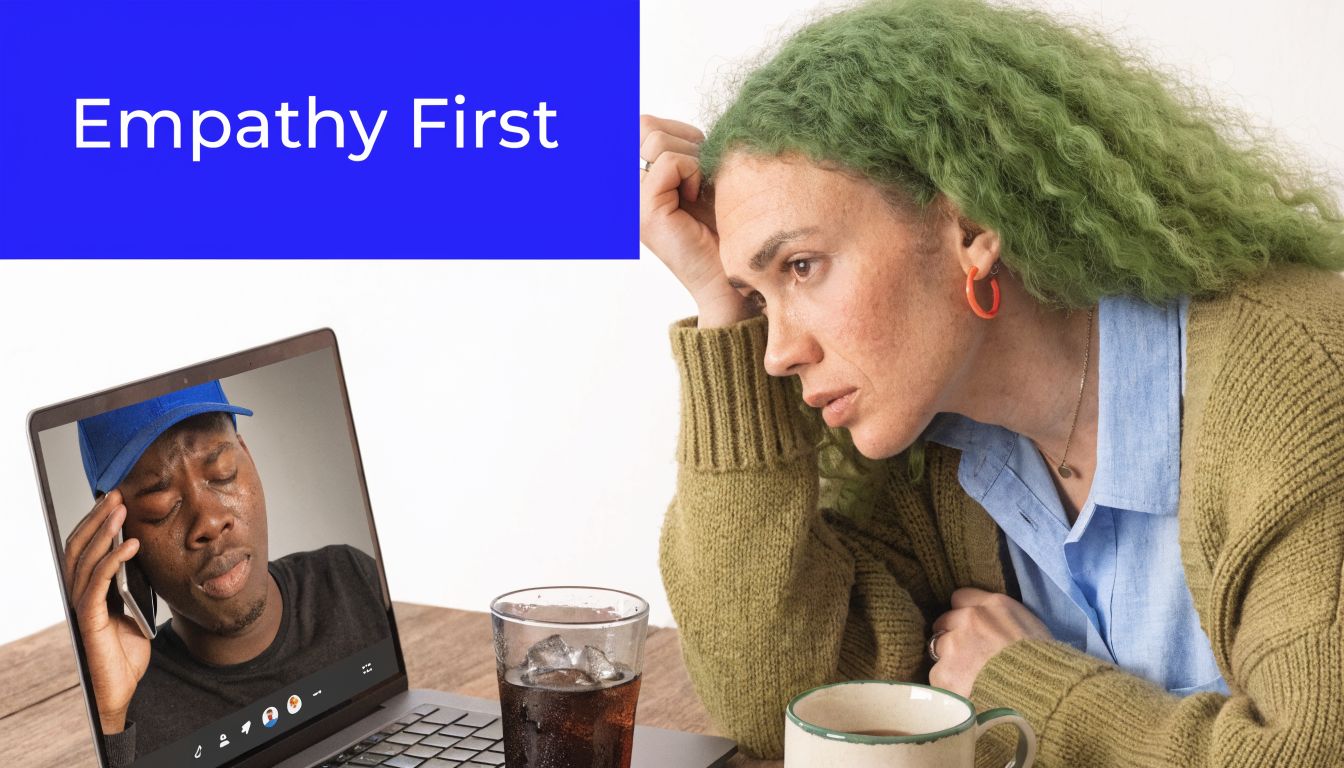 A woman with green hair looks stressed while viewing a distressed man on a laptop video call.