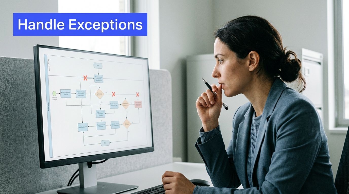 A businesswoman looking at a process flowchart on a computer screen in an office setting.