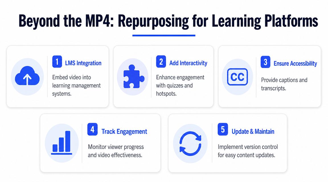 A five-step infographic titled Beyond the MP4, outlining strategies for repurposing video content for learning management platforms.