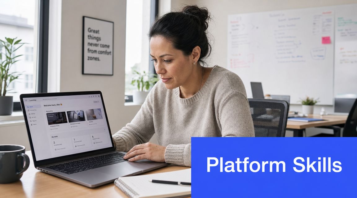 A professional woman working on her laptop in a bright office environment to evaluate platform skills.