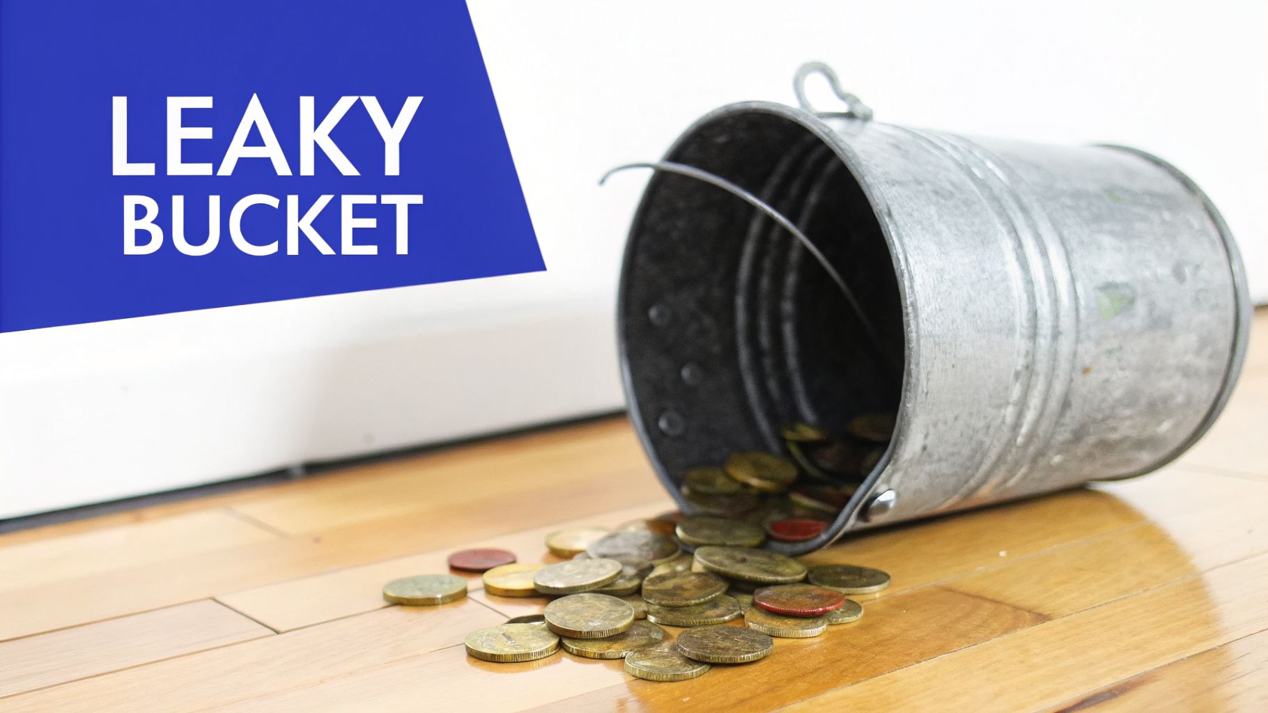 A metallic leaky bucket spilled golden coins on a wooden floor, illustrating financial loss.