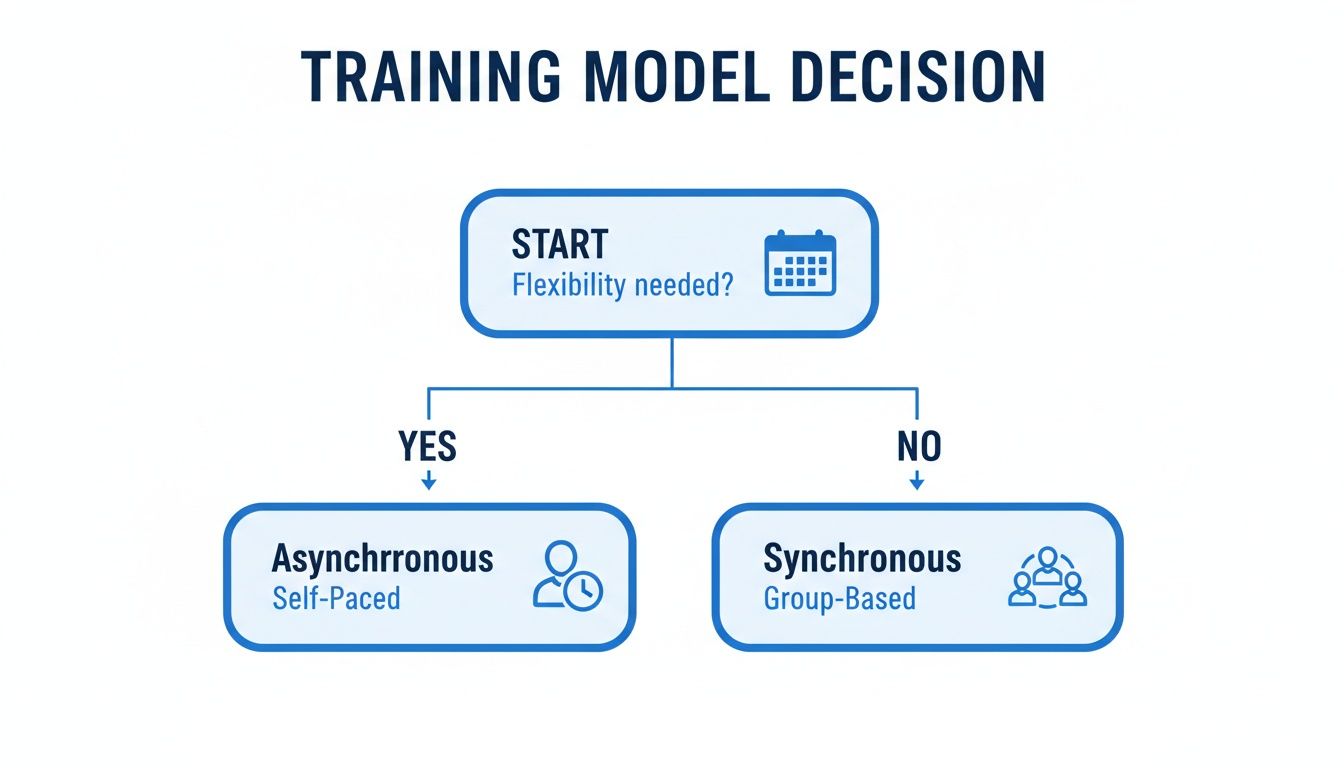 Flowchart showing training model decisions: if flexibility is needed, choose asynchronous self-paced, otherwise synchronous group-based.