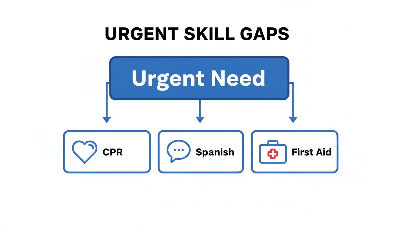 Flowchart illustrating urgent skill needs including CPR, Spanish language, and First Aid training.