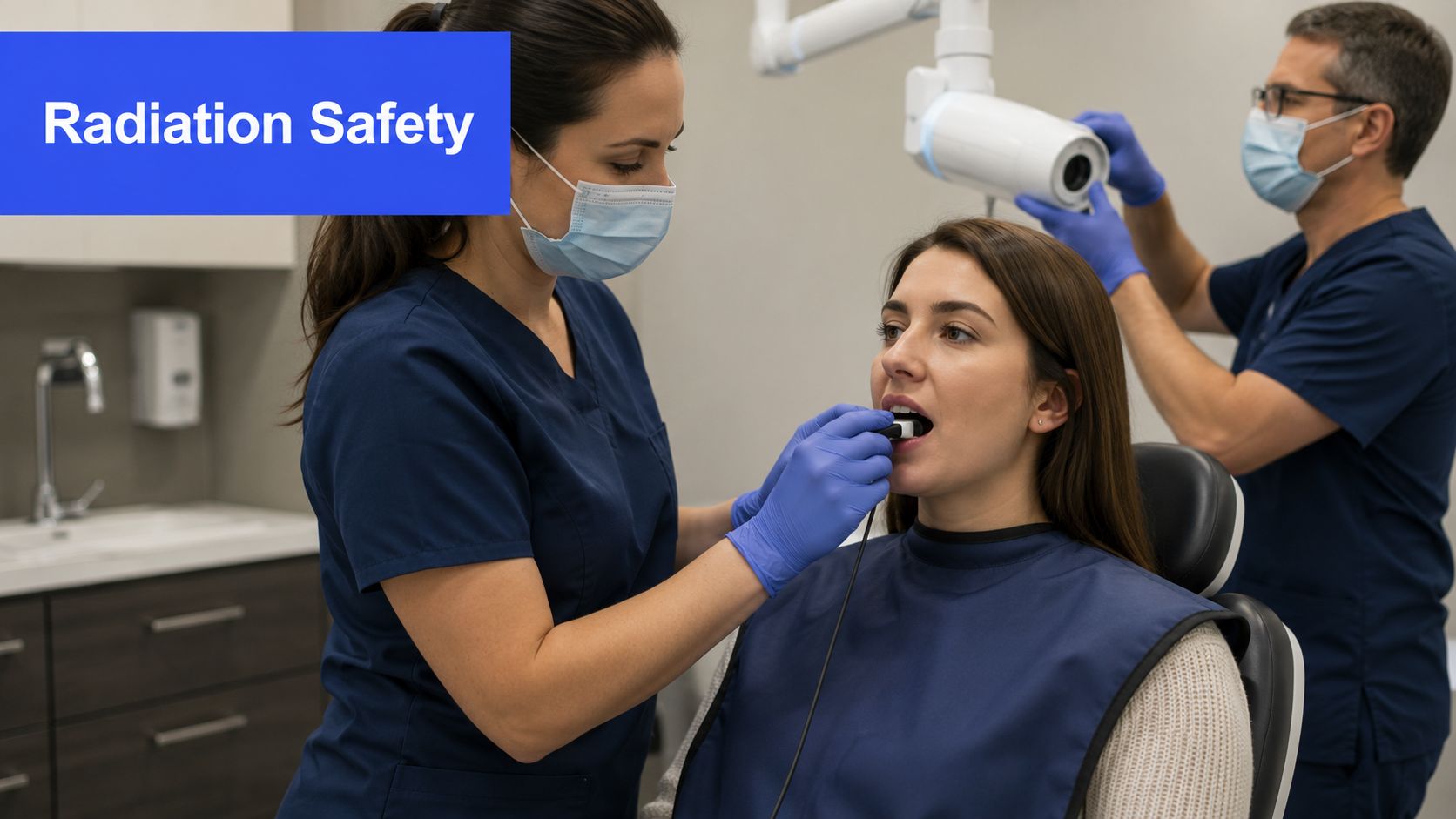 A dental assistant positions an X-ray sensor in a patient's mouth while a dentist prepares equipment nearby.