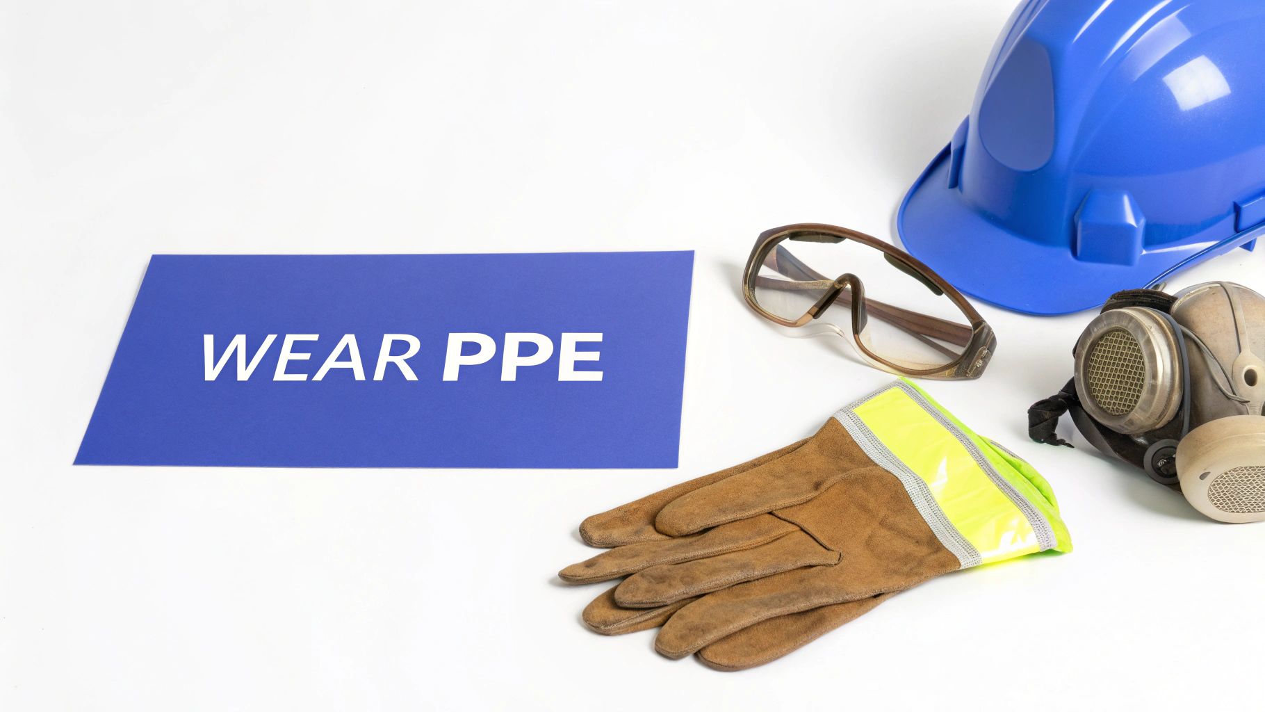 A collection of personal protective equipment (PPE) including a hard hat, respirator, safety glasses, and work gloves, with a blue sign that reads 'WEAR PPE' on a white background.