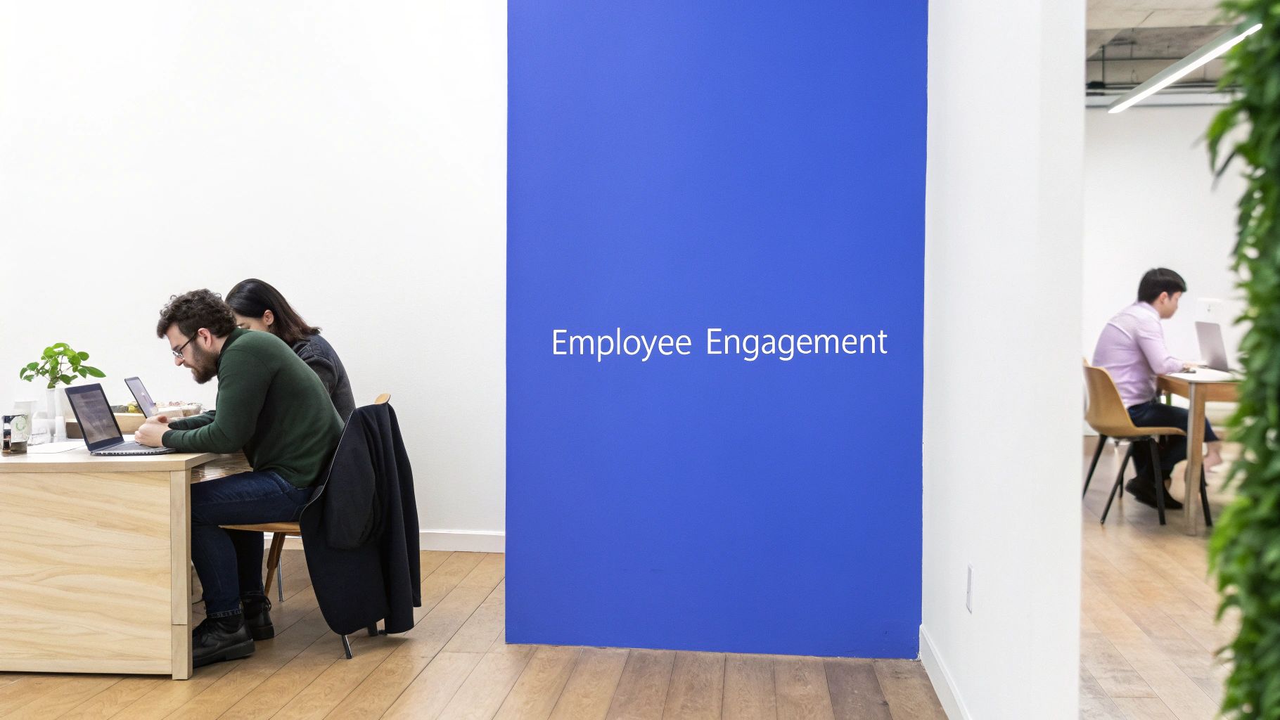 Employees working on laptops at desks in a modern office, with an 'Employee Engagement' sign.