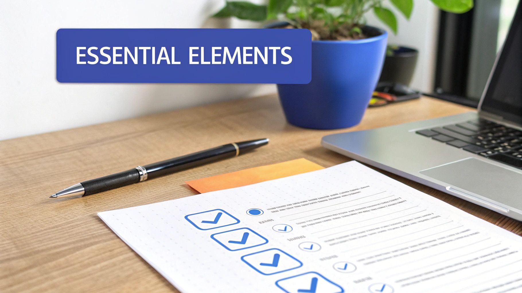 A desk setup with a laptop, pen, plant, and a document showing checked boxes and "ESSENTIAL ELEMENTS" text.