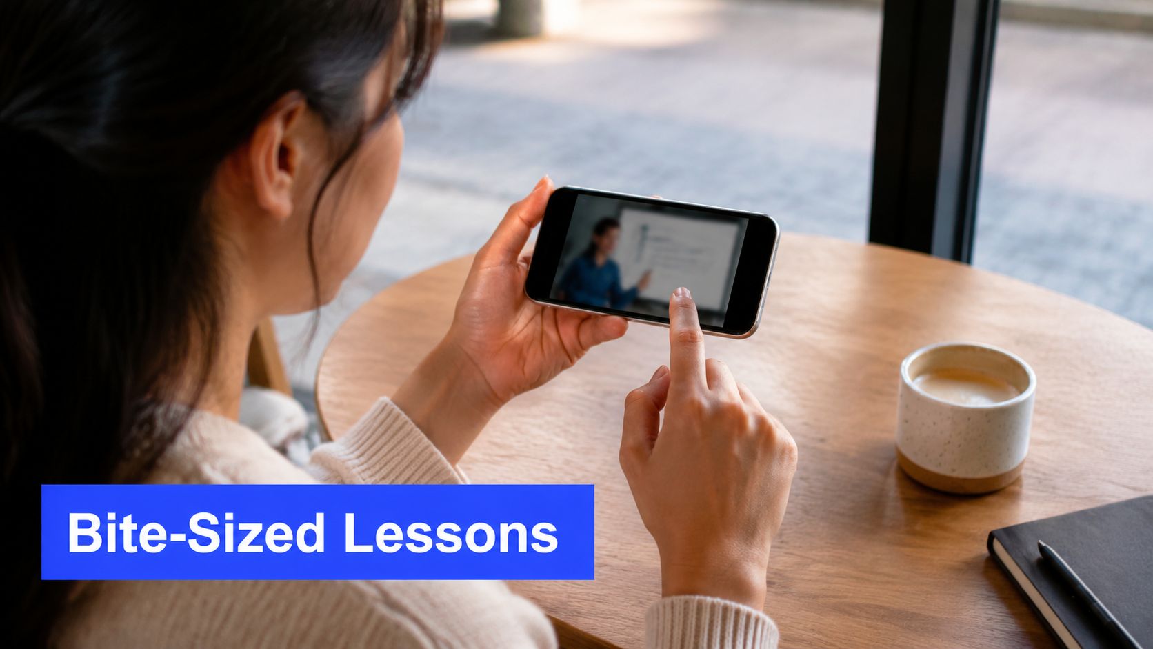 A woman holding a smartphone and watching a bite-sized educational video lesson at a cafe table.