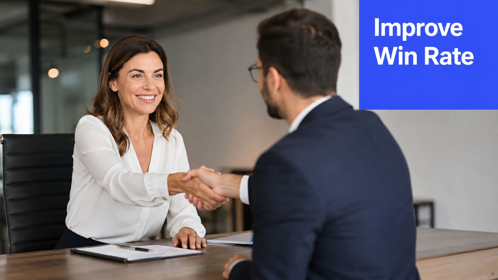 A professional woman and man shaking hands across a wooden office desk, symbolizing a successful business agreement.