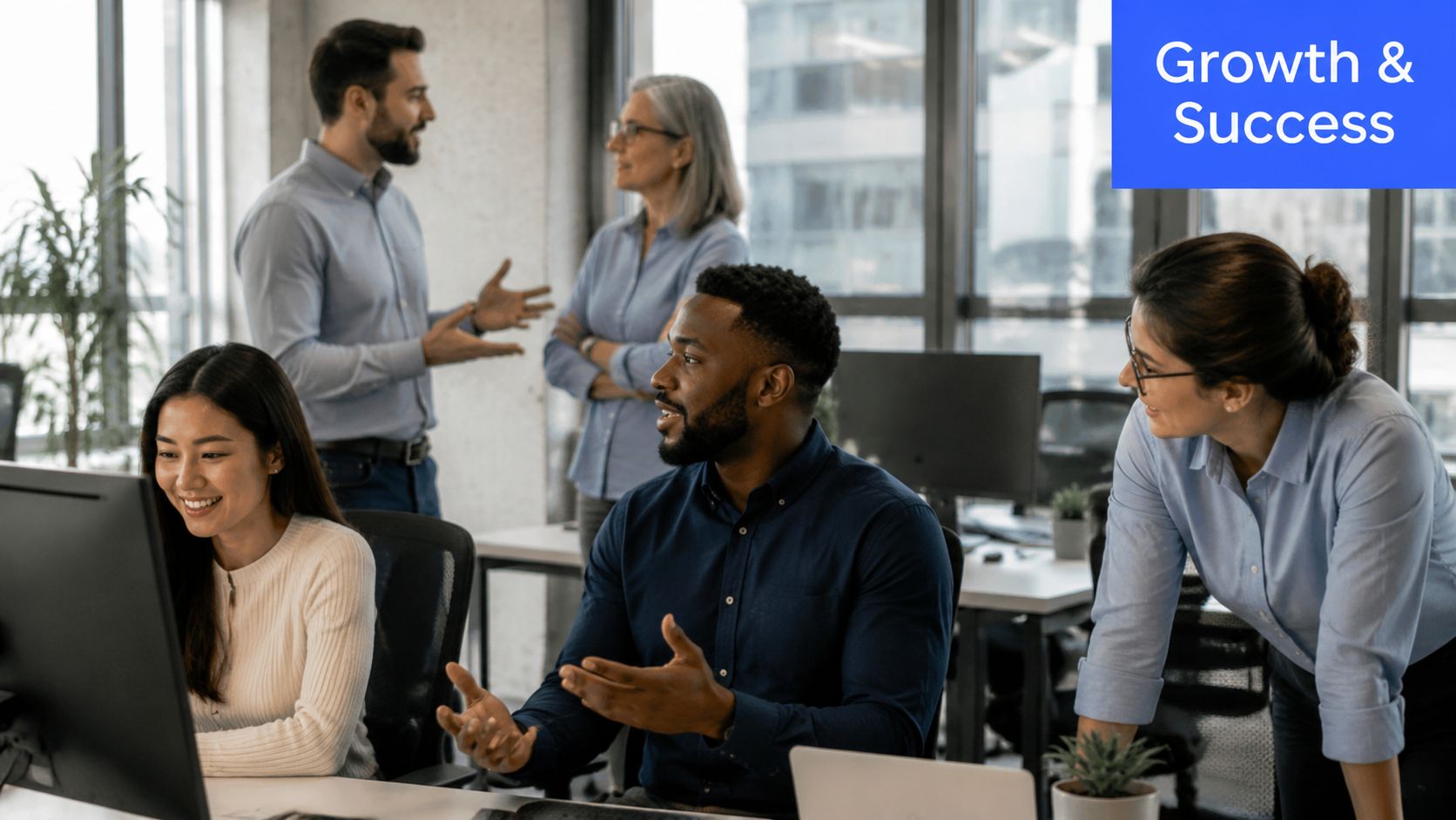 A diverse team of professionals collaborating on a project within a modern, well-lit office workspace.