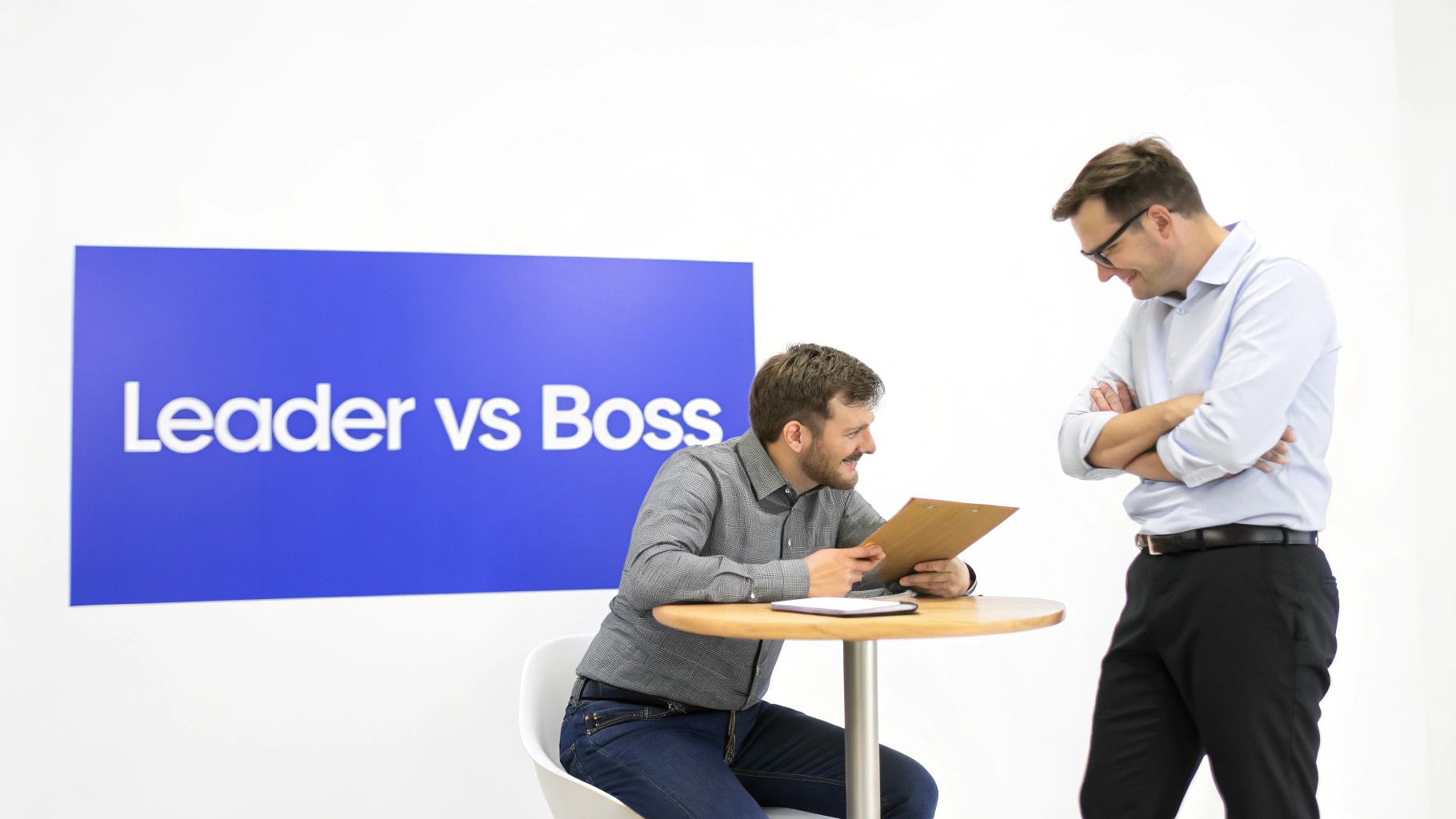 Two smiling men, one seated with documents, the other standing, discussing in front of a 'Leader vs Boss' sign.