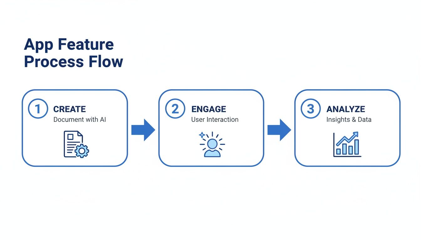 Flowchart illustrating an app feature process: create with AI, engage user interaction, and analyze data.