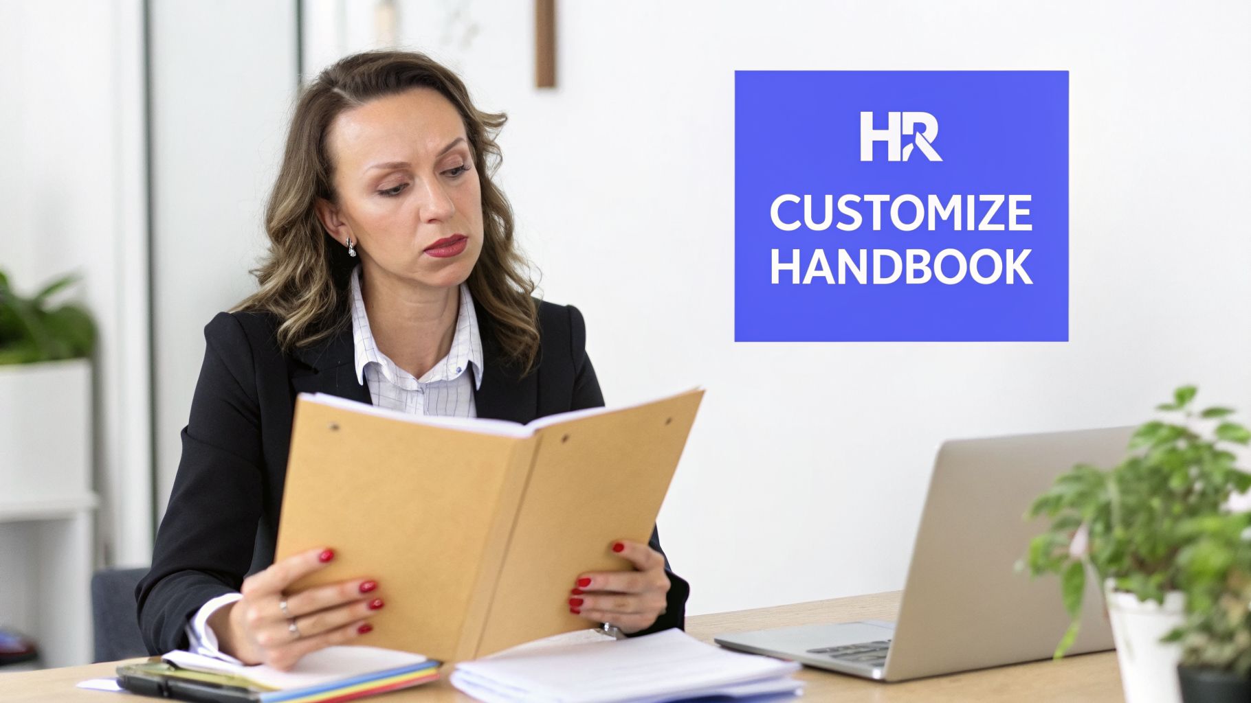 A professional woman reviews an HR handbook, with a blue graphic overlay promoting customization.