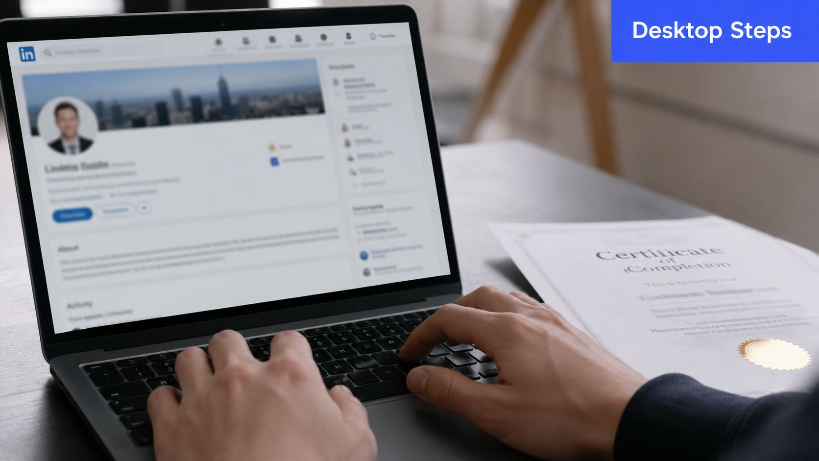 A person updating their LinkedIn profile on a laptop with a certificate of completion nearby.