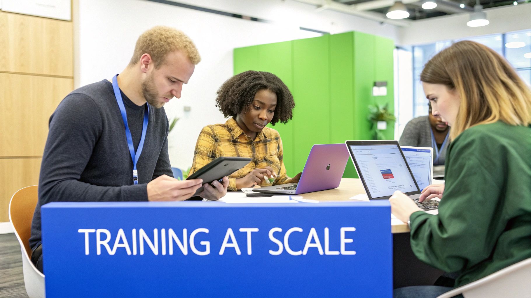 Diverse professionals actively engaging with laptops and a tablet during a 'TRAINING AT SCALE' event.