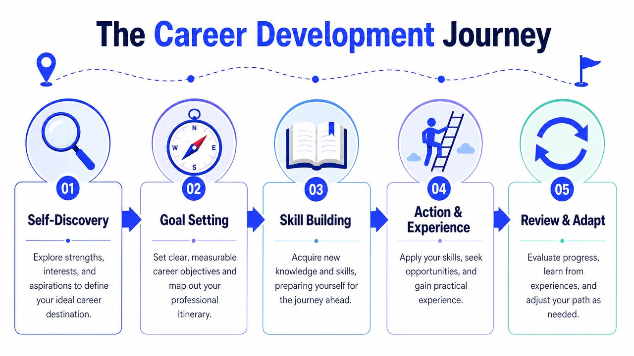 A diagram illustrating the five key steps of the career development journey, from self-discovery to adaptation.