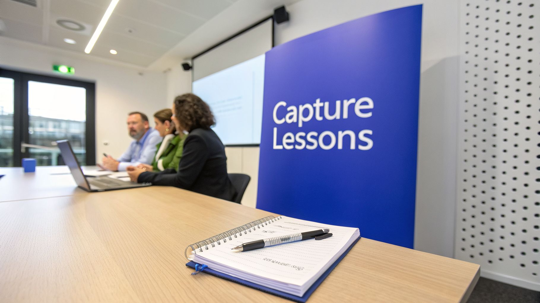 Three professionals in a meeting room with a 'Capture Lessons' banner and a notebook.