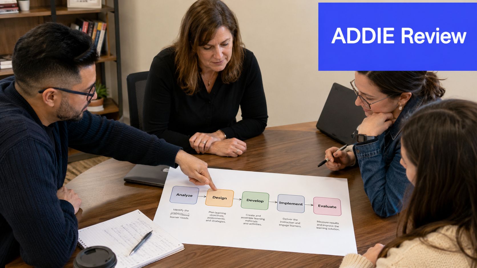 A professional team gathers around a table to review an ADDIE instructional design model process flow.